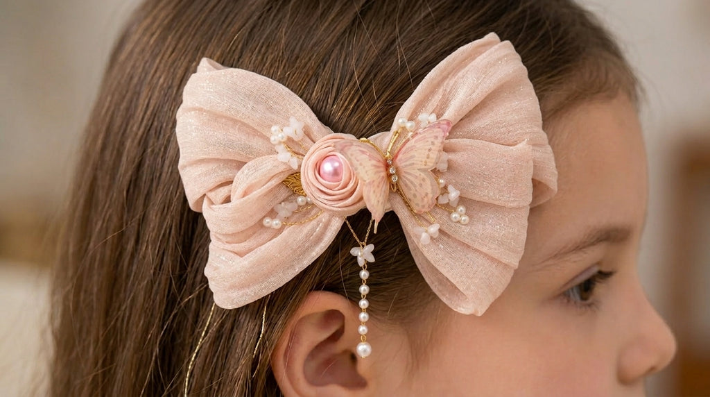 Delicate pink bow with pearl accents