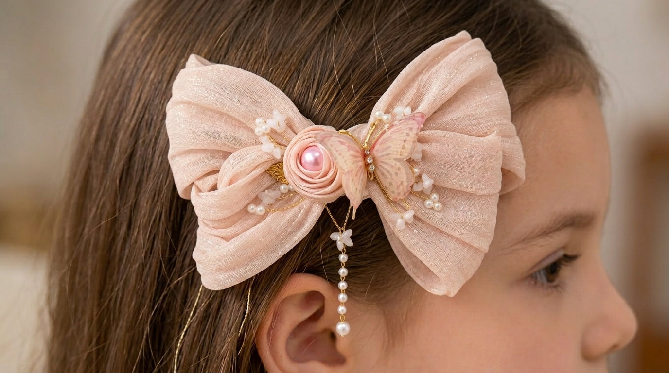 Delicate pink bow with pearl accents