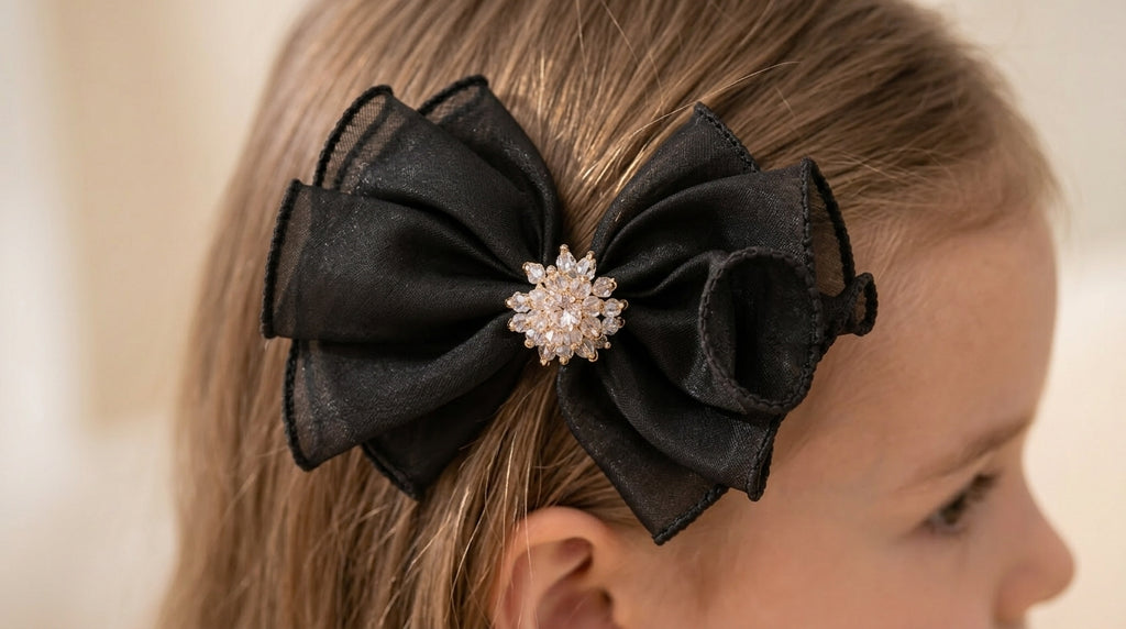 Elegant Black Organza Bow with Rhinestone jewel